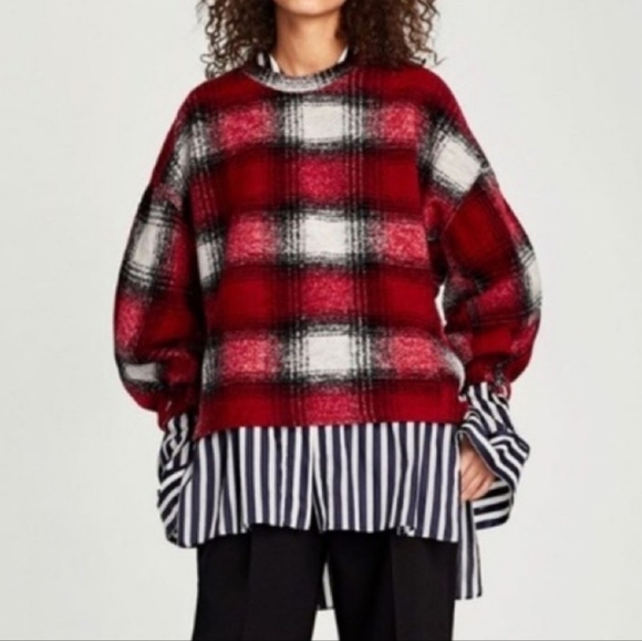 Zara Top Red Plaid Sweater Size Small - Picture 2 of 10